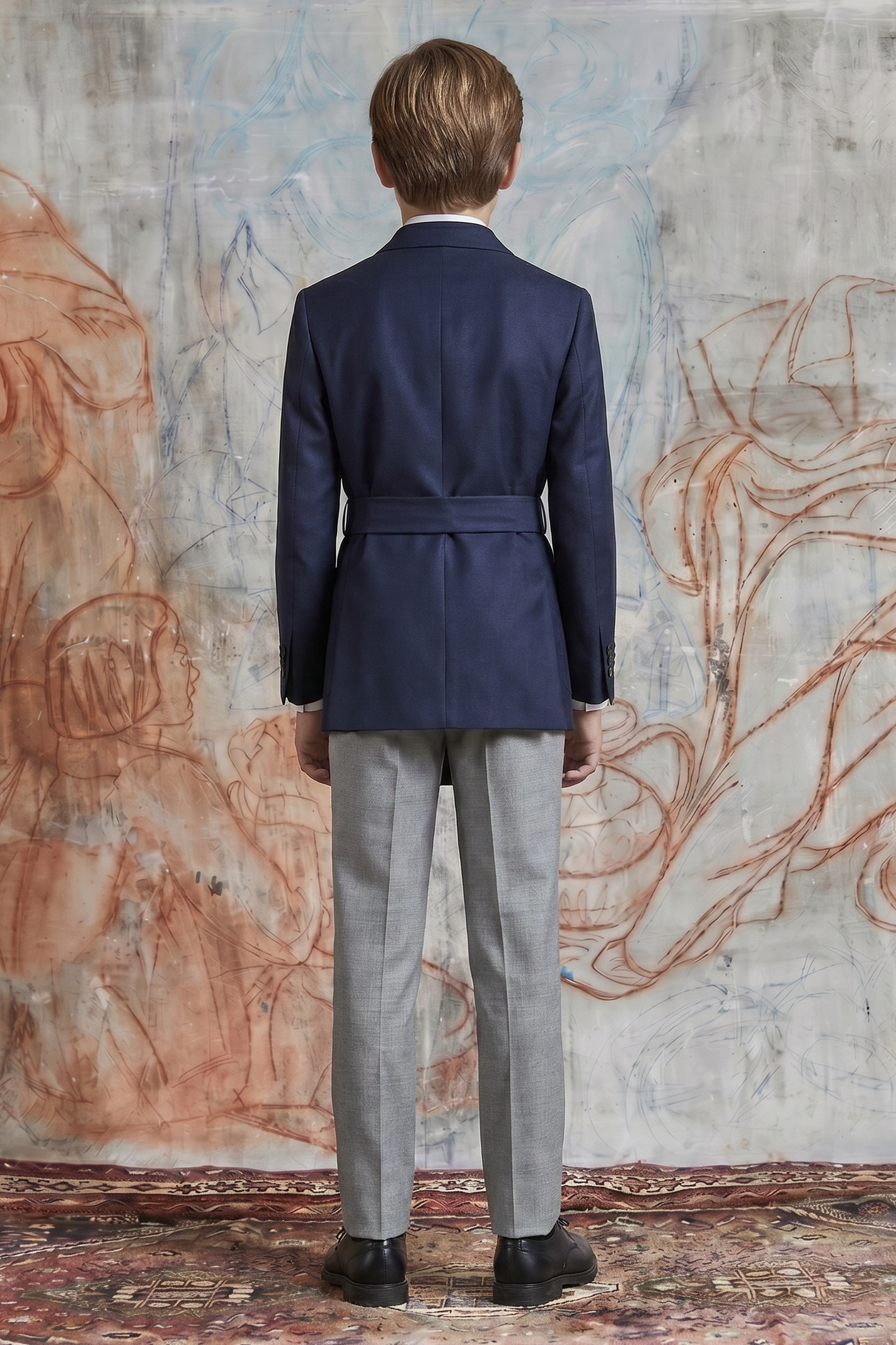 Navy Blue And Gray Cotton Linen Belted 2-Piece Suit