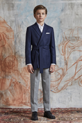 Charger l'image dans la visionneuse de la galerie, Navy Blue And Gray Cotton Linen Belted 2-Piece Suit
