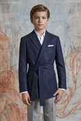 Charger l'image dans la visionneuse de la galerie, Navy Blue And Gray Cotton Linen Belted 2-Piece Suit
