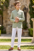 Charger l'image dans la visionneuse de la galerie, Light Green And White Cotton Linen Single-Breasted 2-Piece Suit
