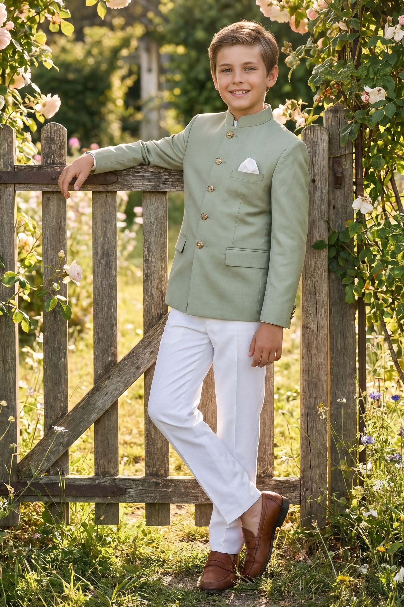 Light Green And White Cotton Linen Single-Breasted 2-Piece Suit
