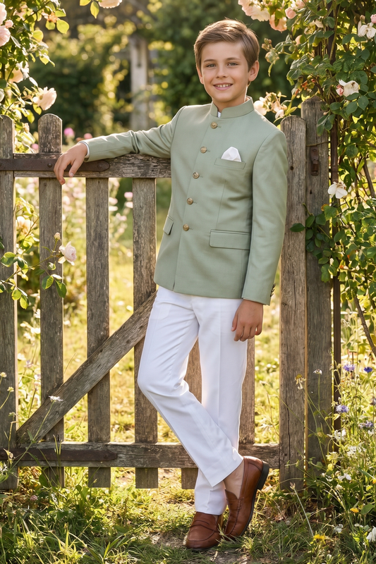 Light Green And White Cotton Linen Single-Breasted 2-Piece Suit