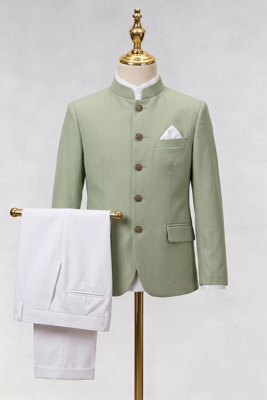 Light Green And White Cotton Linen Single-Breasted 2-Piece Suit
