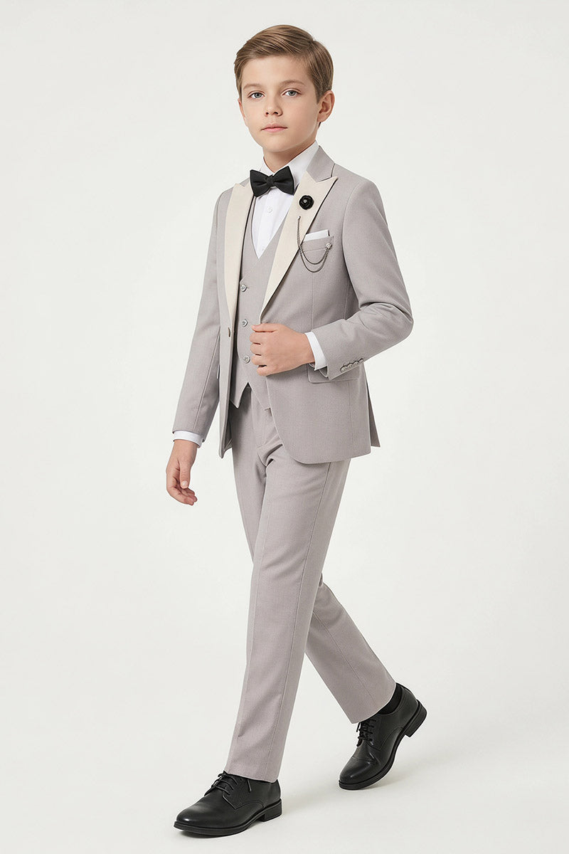 Boys Grey Tuxedo with Ivory Lapels 3-Piece Suit for Weddings & Formal Events
