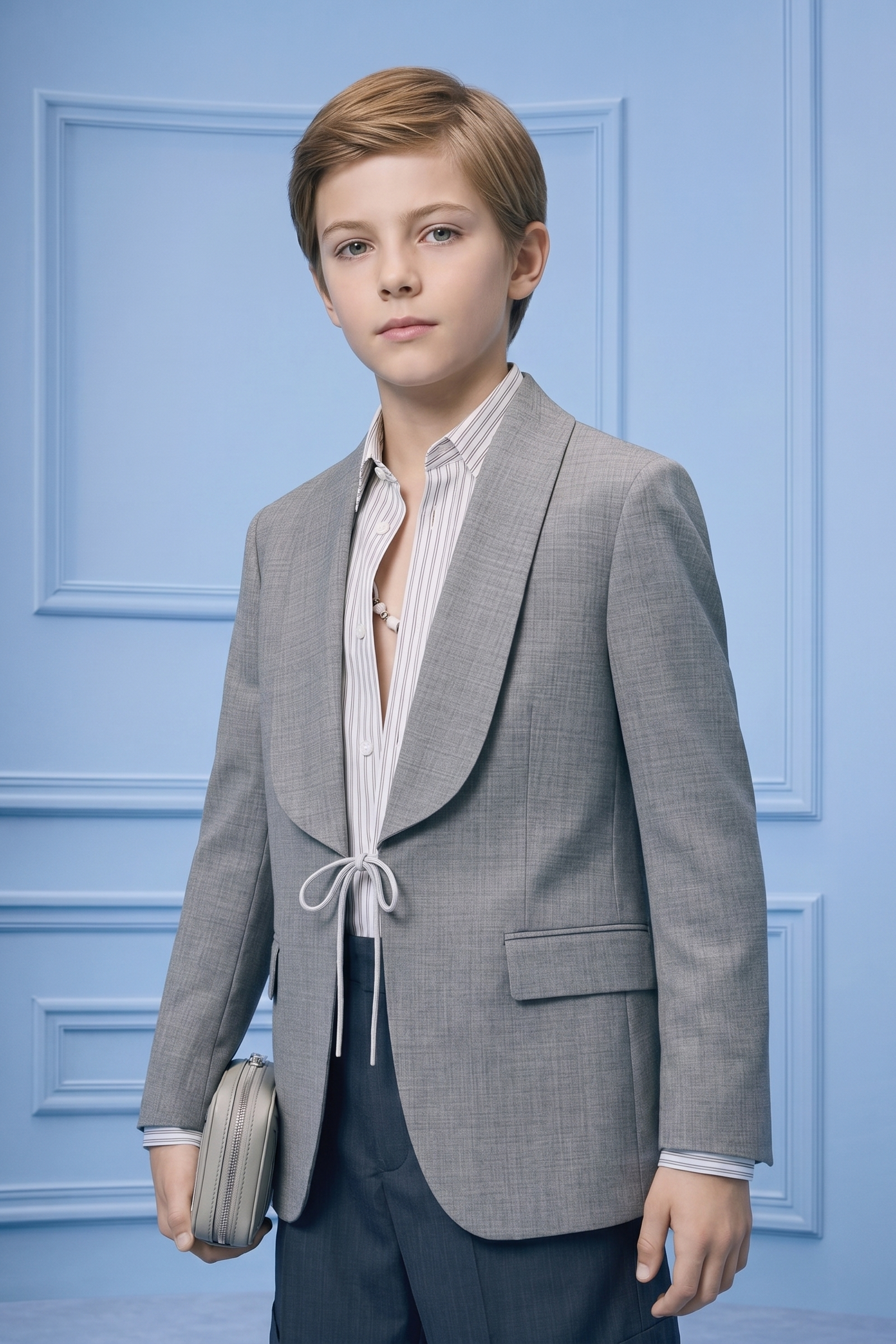 Gray and Navy Blue Cotton Linen Short 2-Piece Suit