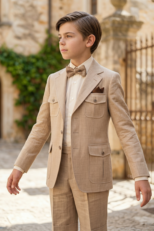 Beige Cotton Linen Single-Breasted Shorts 2-Piece Suit