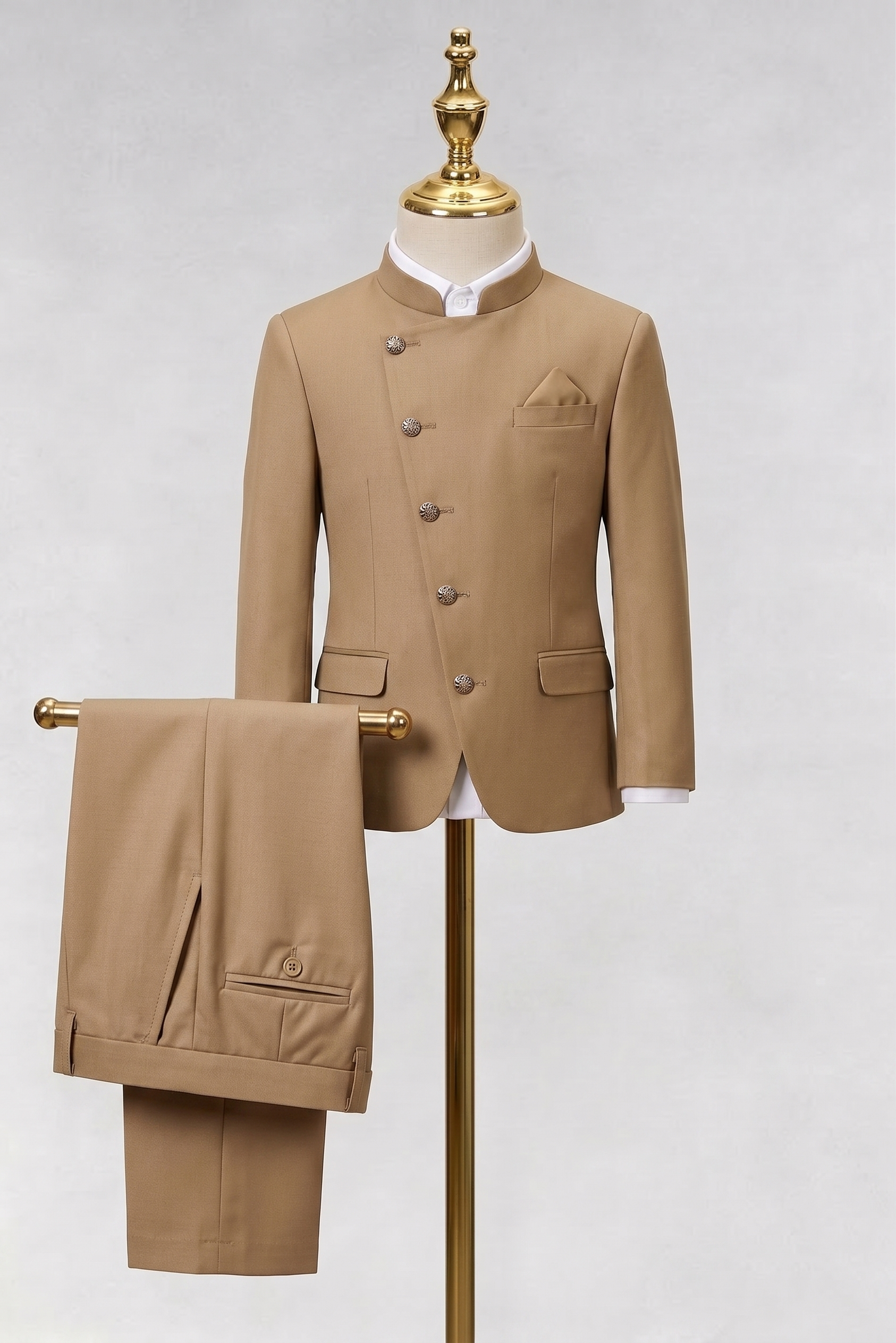 Light Brown Cotton Linen Crew Neck 2-Piece Suit