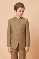 Light Brown Cotton Linen Crew Neck 2-Piece Suit