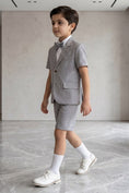 Load image into Gallery viewer, Boys Grey Striped Short-Sleeve Blazer & Shorts 2-piece Suit
