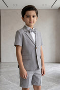 Load image into Gallery viewer, Boys Grey Striped Short-Sleeve Blazer & Shorts 2-piece Suit
