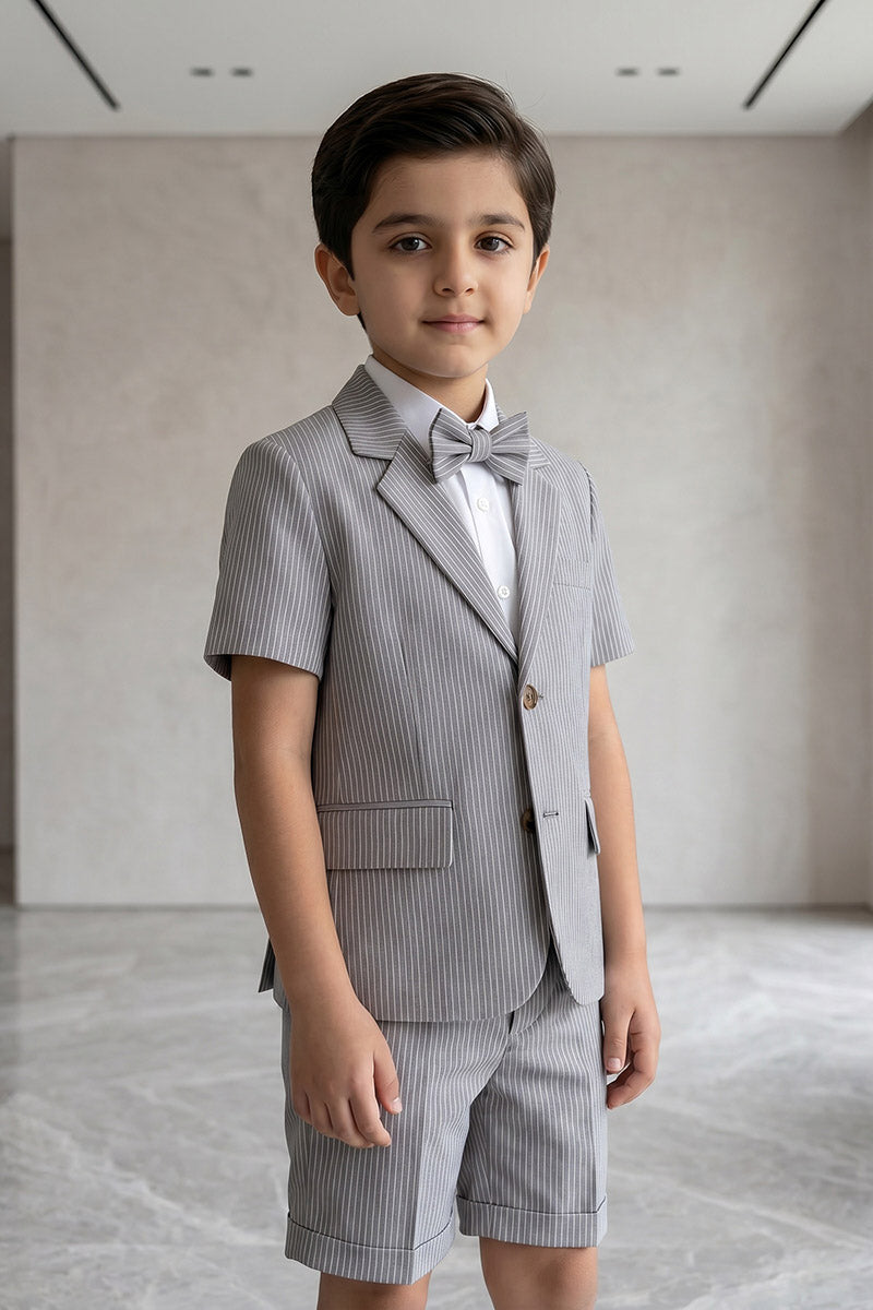 Boys Grey Striped Short-Sleeve Blazer & Shorts 2-piece Suit