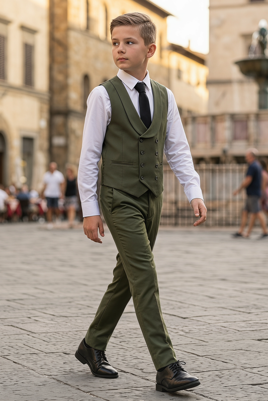 Olive Green Serge Double-Breasted Vest 2-Piece Set