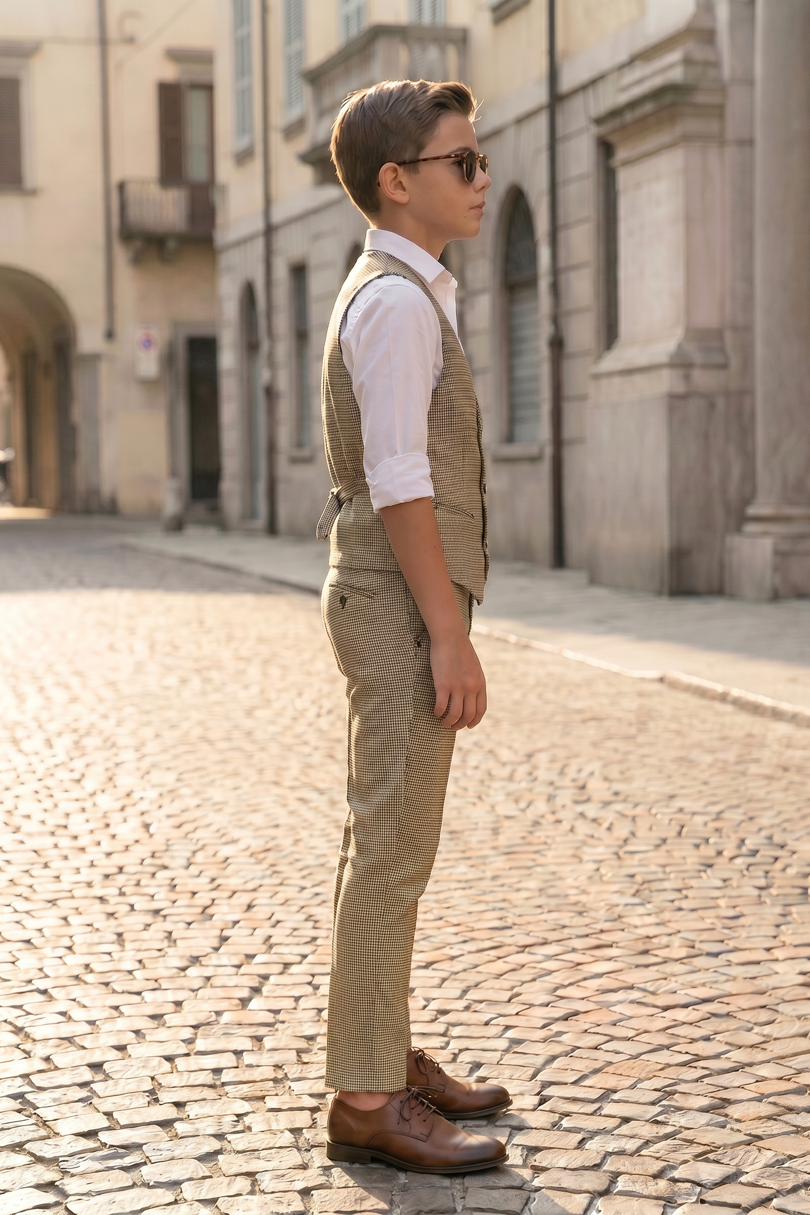 Light Brown Houndstooth Double-Breasted Vest 2-Piece Set