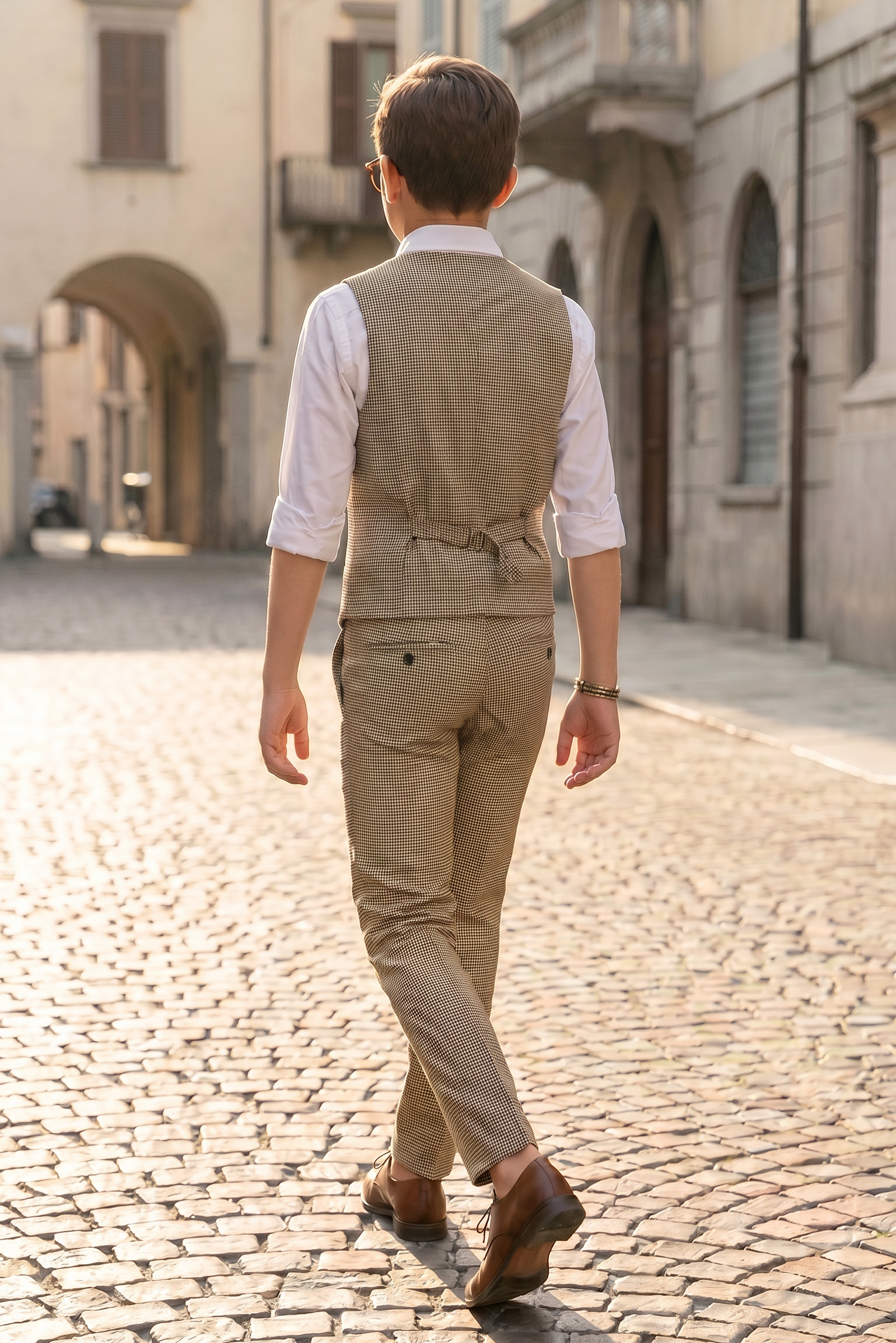 Light Brown Houndstooth Double-Breasted Vest 2-Piece Set