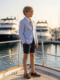 Load image into Gallery viewer, Boys Light Blue Blazer & Navy Shorts 2-piece Suit
