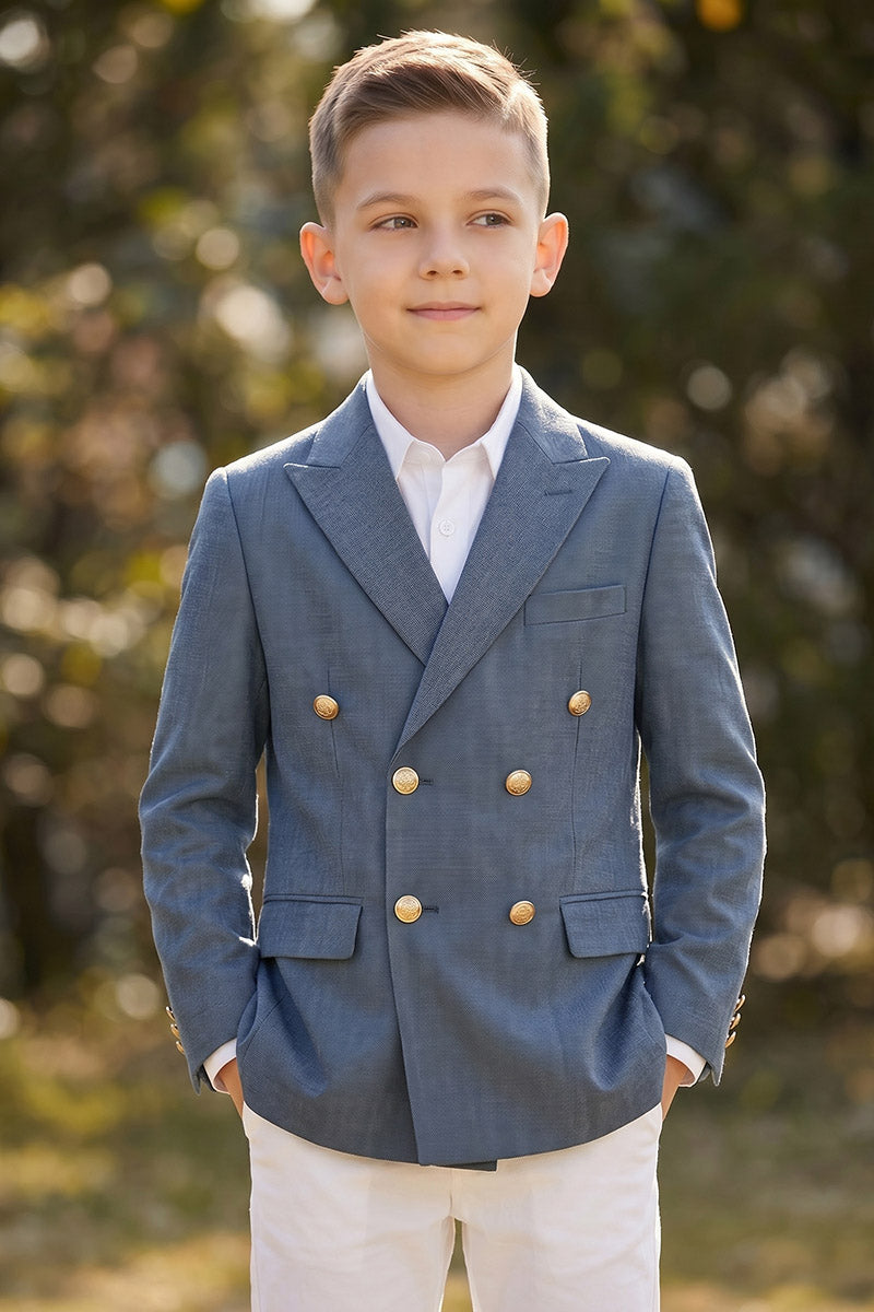 Boys Blue Double-Breasted Blazer & White Trousers 2-Piece Suit