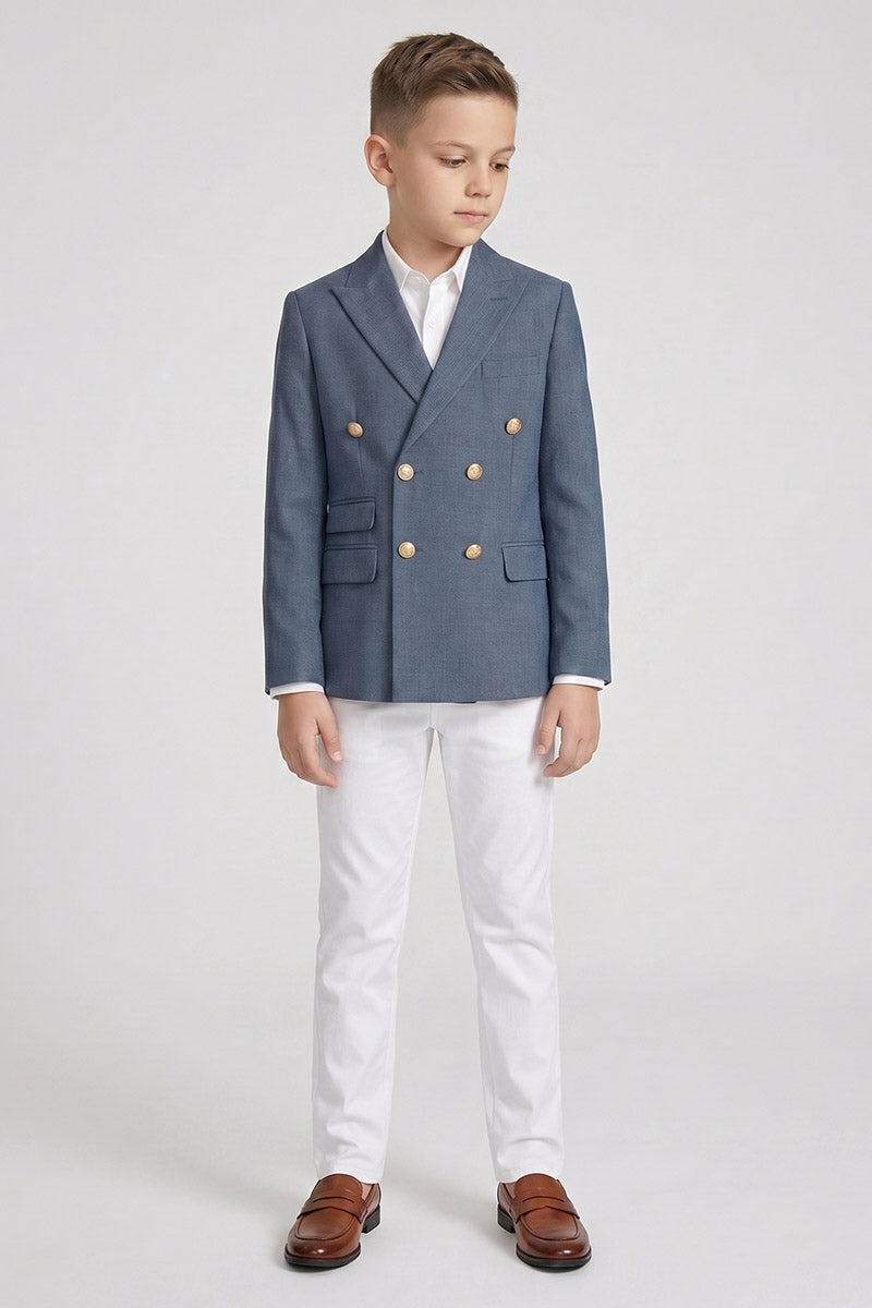 Boys Blue Double-Breasted Blazer & White Trousers 2-Piece Suit
