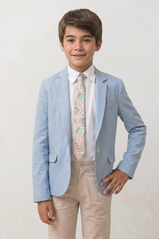Boys Light Blue Linen-Blend Blazer with Khaki Trouser 2-Piece Suit