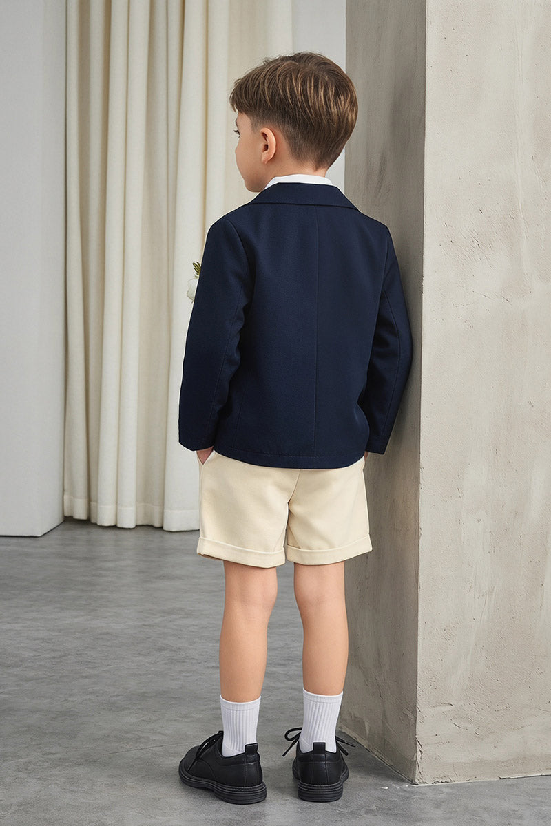 Boys Navy Blazer & Beige Shorts 2-piece Suit