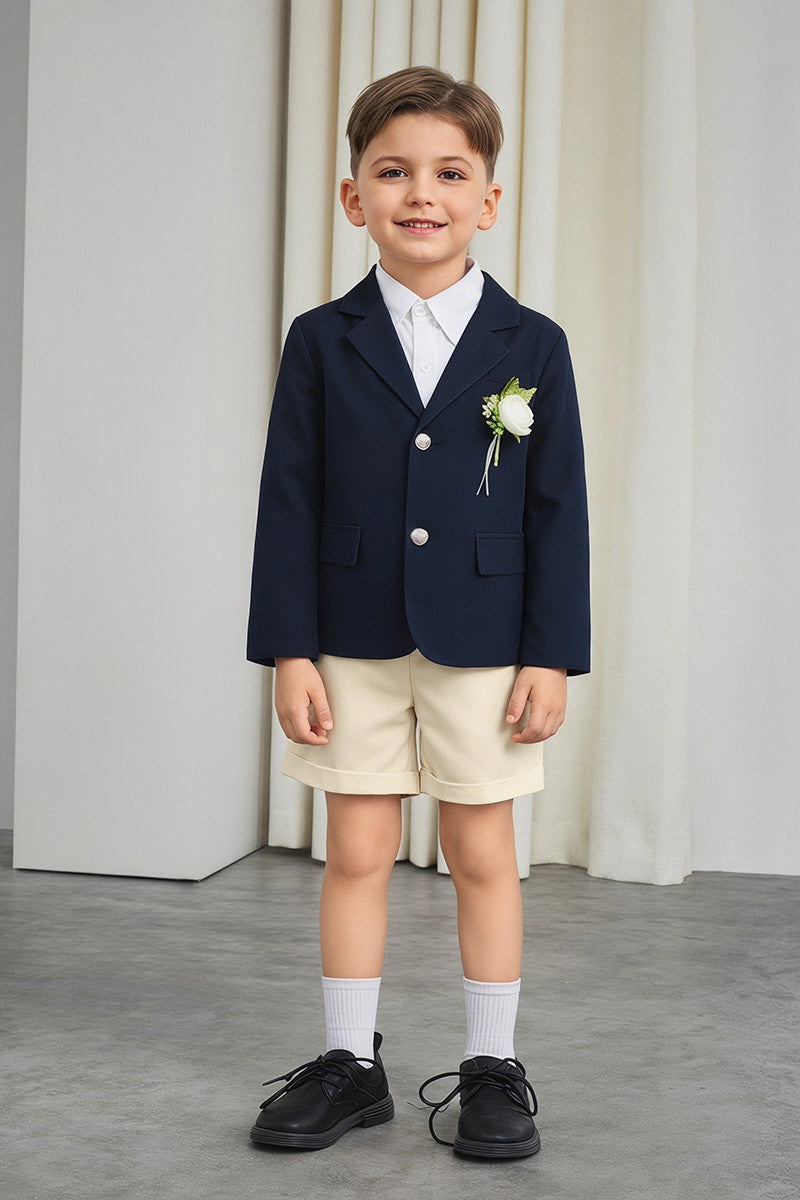 Boys Navy Blazer & Beige Shorts 2-piece Suit