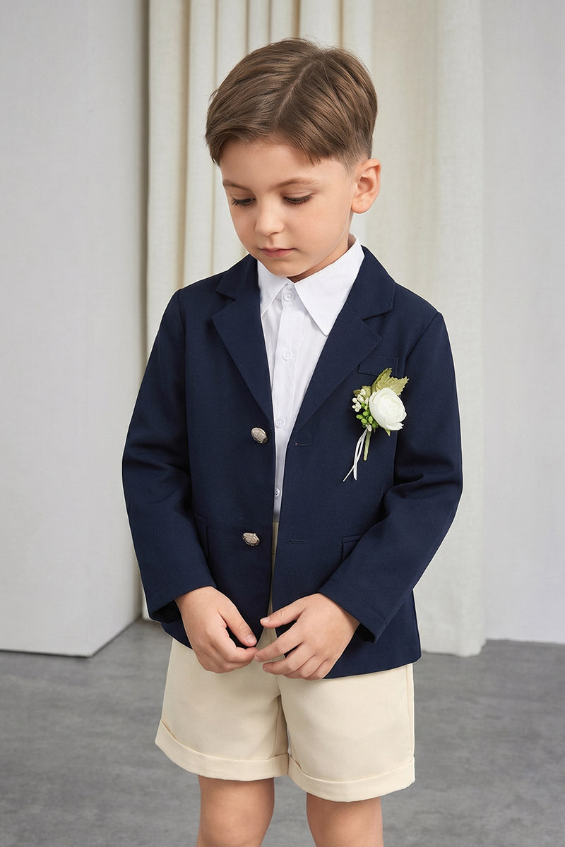 Boys Navy Blazer & Beige Shorts 2-piece Suit