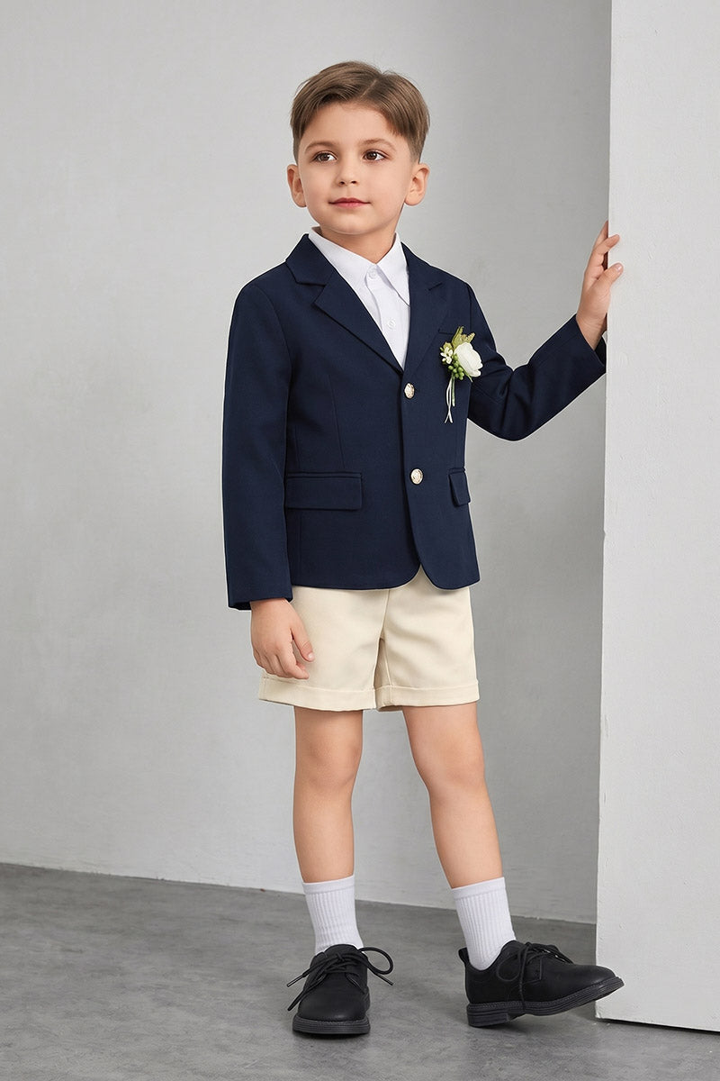 Boys Navy Blazer & Beige Shorts 2-piece Suit