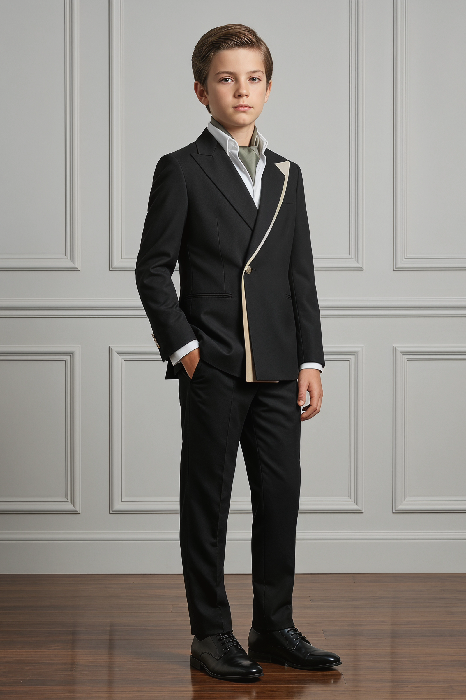 Black Serge Contrast Design Double-Breasted 2-Piece Suit