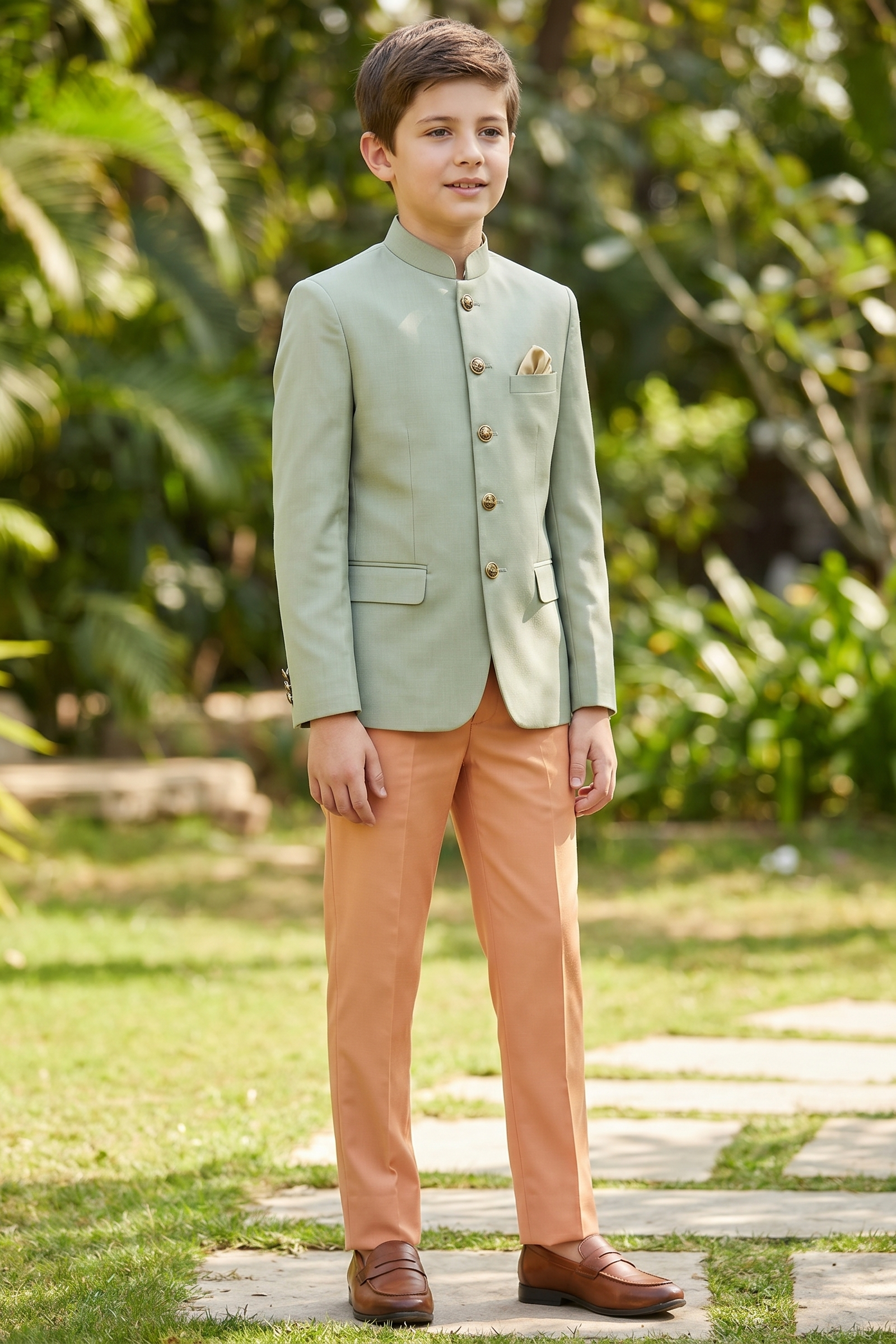 Light Green and Orange Color-Blocked Cotton Linen 2-Piece Suit