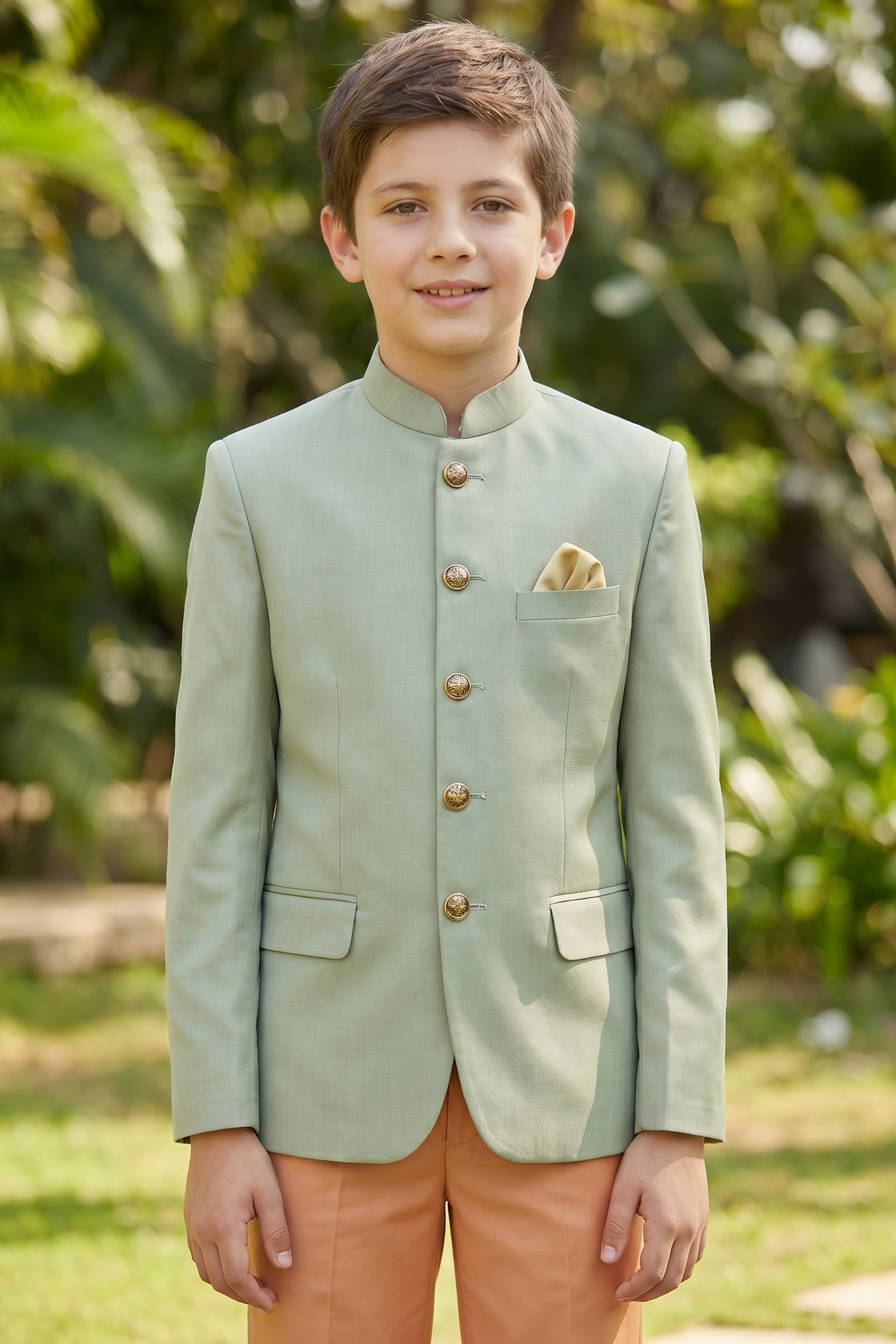 Light Green and Orange Color-Blocked Cotton Linen 2-Piece Suit