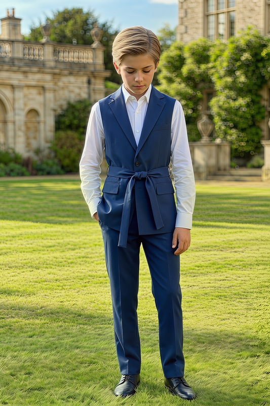 Navy Blue Serge Sleeveless Single-Breasted Vest 2-Piece Set