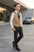 Load image into Gallery viewer, Khaki and Black Double-Breasted Vest 2-Piece Set
