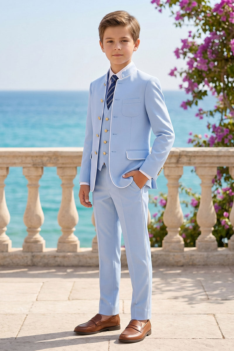Boys Light Blue Mandarin Collar 3-Piece Suit
