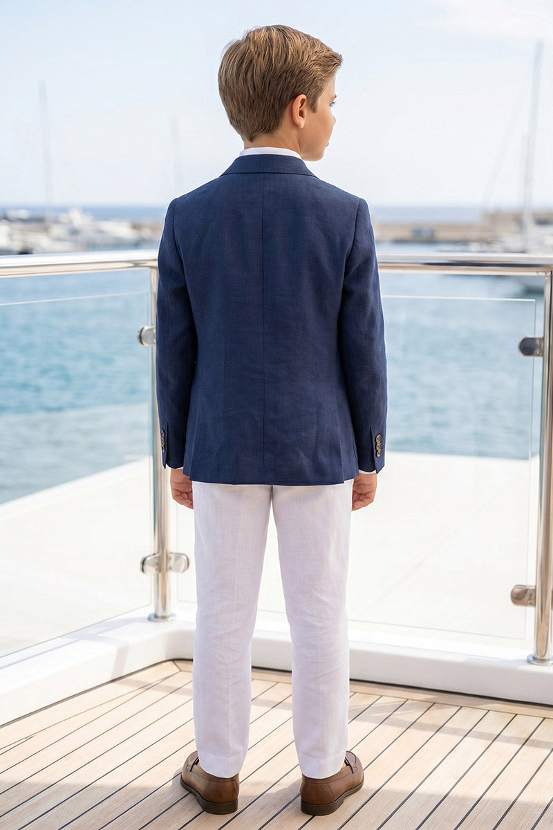 Boys Navy Linen Blazer & White Trousers 2-Piece Suit