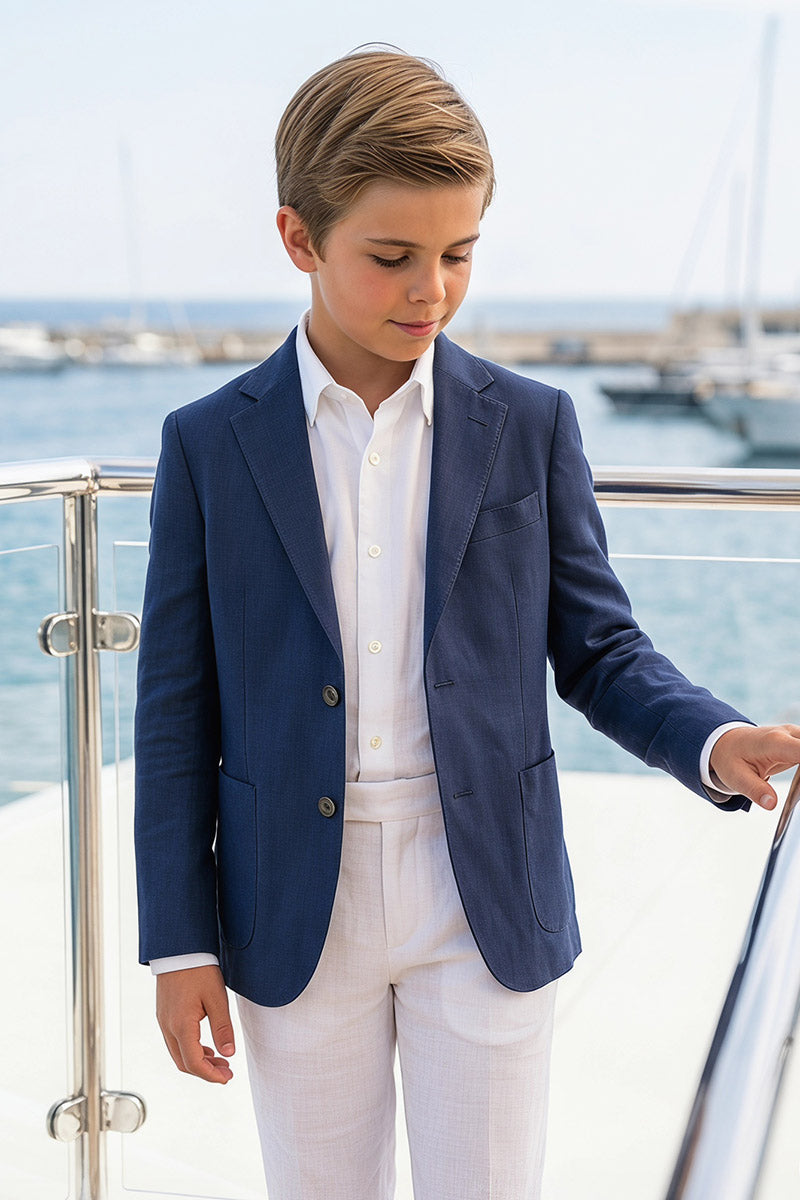 Boys Navy Linen Blazer & White Trousers 2-Piece Suit