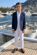 Boys Navy Linen Blazer & White Trousers 2-Piece Suit