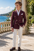 Charger l'image dans la visionneuse de la galerie, Boys Burgundy Double-Breasted Blazer & White Trousers 2-Piece Suit
