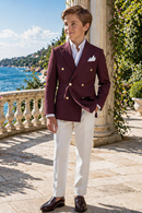 Boys Burgundy Double-Breasted Blazer & White Trousers 2-Piece Suit
