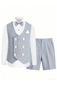 Cargar la imagen en la vista de la galería, Grey-Blue Cotton-Linen Blend Double-Breasted Waistcoat & Cuffed Shorts 2-Piece Suit
