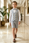 Cargar la imagen en la vista de la galería, Grey-Blue Cotton-Linen Blend Double-Breasted Waistcoat & Cuffed Shorts 2-Piece Suit
