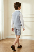 Cargar la imagen en la vista de la galería, Grey-Blue Cotton-Linen Blend Double-Breasted Waistcoat & Cuffed Shorts 2-Piece Suit

