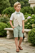 Bild in Galerie-Betrachter laden, Beige & Sage Green Cotton-Linen Blend Asymmetric Single-Breasted 2-Piece Suit
