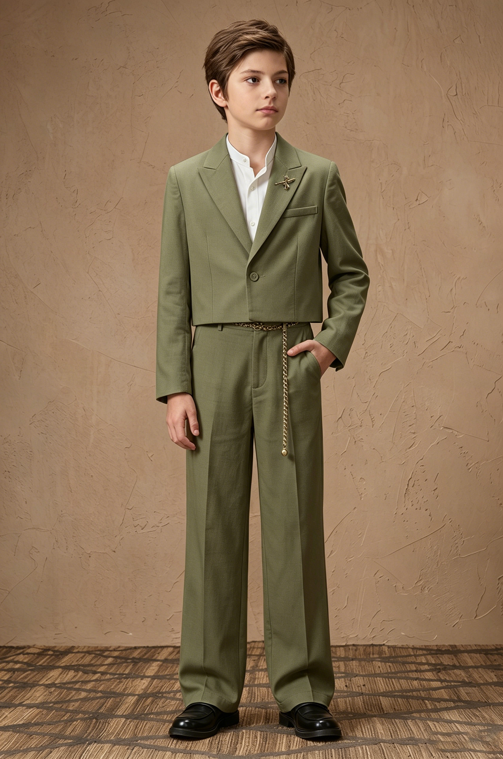 Olive Serge-Blend Single-Breasted Cropped Blazer 2-Piece Suit