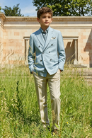 Sky Blue & Beige Cotton-Linen Blend Double-Breasted 2-Piece Suit