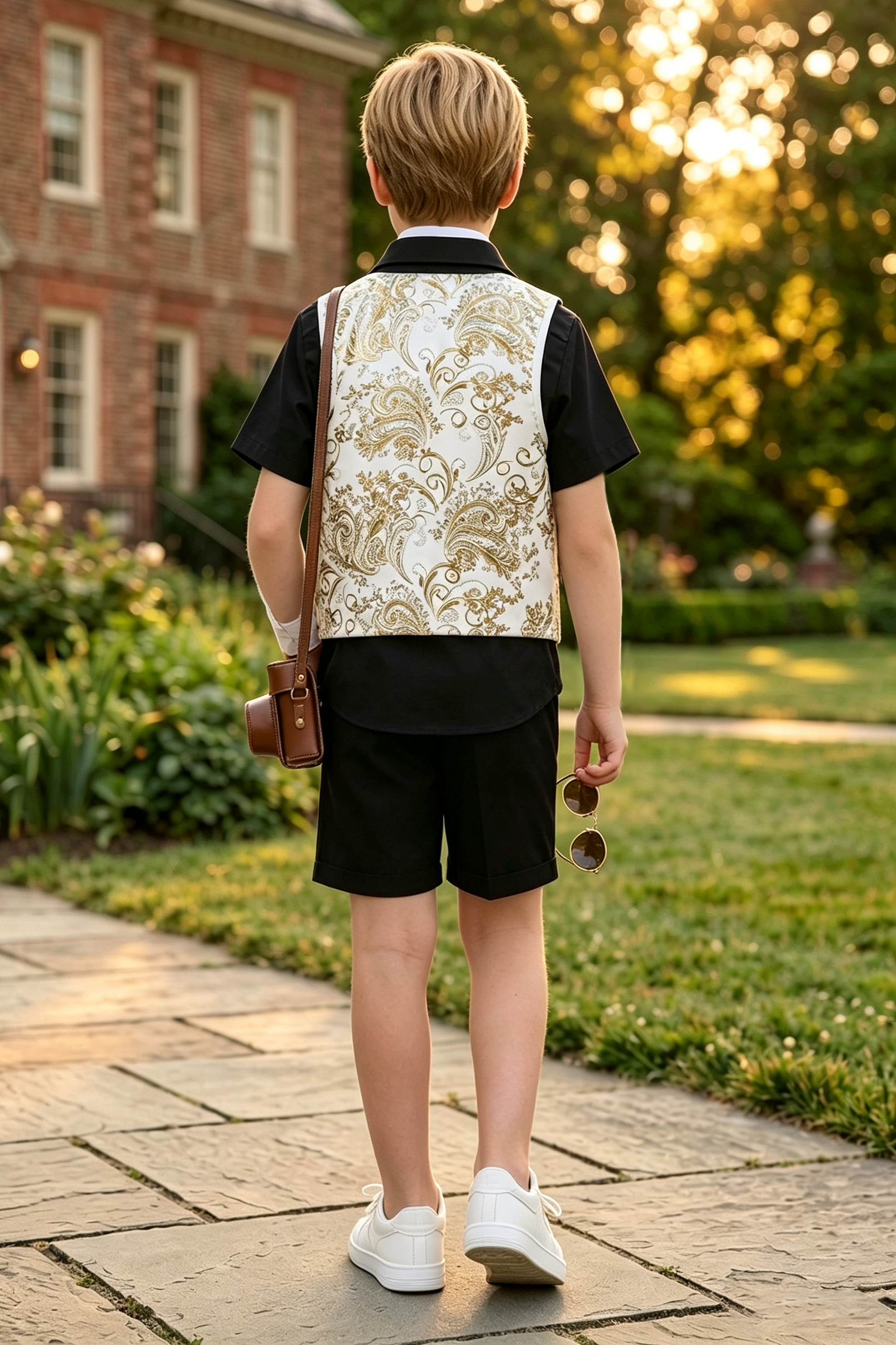 Black & White Serge-Blend Gold Foil Print 3-Piece Set (Shirt + Waistcoat + Shorts)