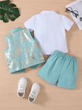 Charger l'image dans la visionneuse de la galerie, Sky Blue Serge-Blend Gold Foil Print 3-Piece Set (Shirt + Waistcoat + Shorts)
