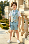 Charger l'image dans la visionneuse de la galerie, Sky Blue Serge-Blend Gold Foil Print 3-Piece Set (Shirt + Waistcoat + Shorts)
