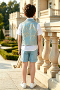 Charger l'image dans la visionneuse de la galerie, Sky Blue Serge-Blend Gold Foil Print 3-Piece Set (Shirt + Waistcoat + Shorts)
