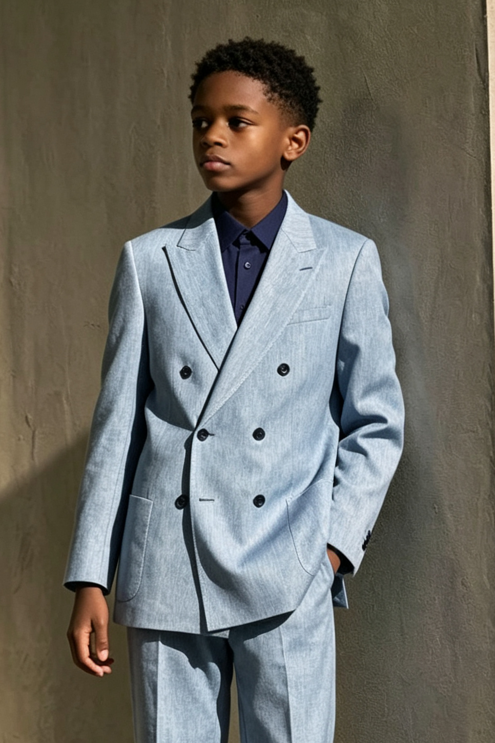 Dusty Blue Cotton-Linen Blend Double-Breasted 2-Piece Suit
