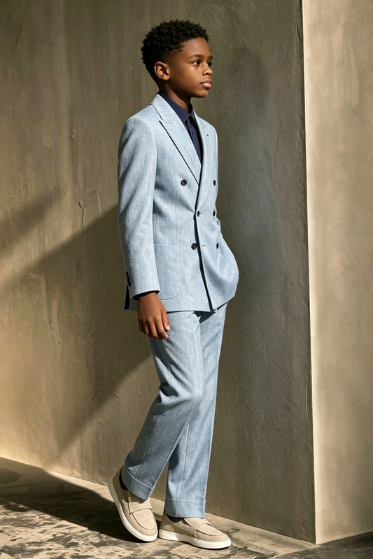 Dusty Blue Cotton-Linen Blend Double-Breasted 2-Piece Suit