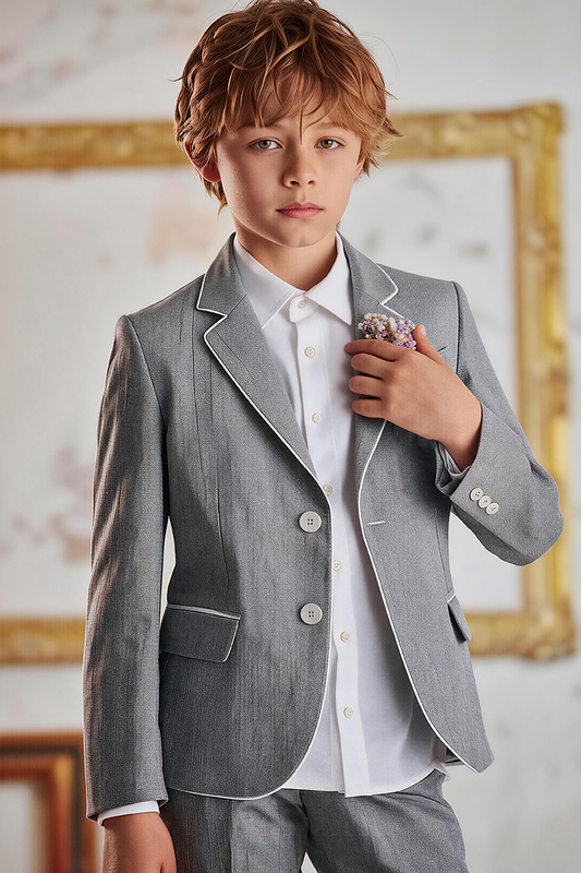 Boys Grey Linen Notch Lapel Blazer & Matching Trousers 2-Piece Suit